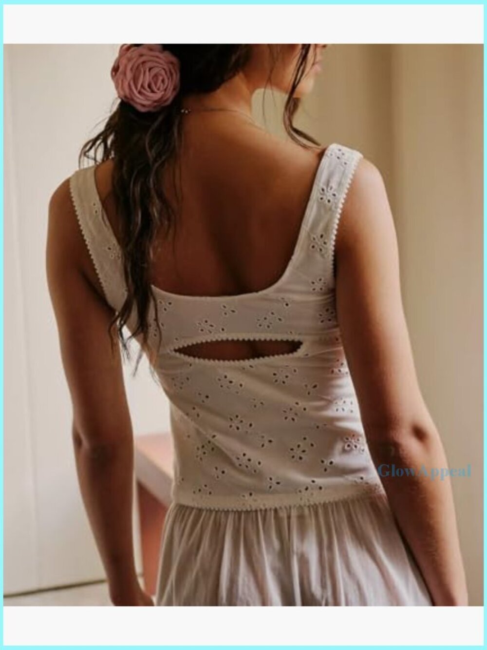 Summer Eyelet Cami Crop Top Sleeveless Scoop Neck Y2K Going Out - Picture 2 of 4